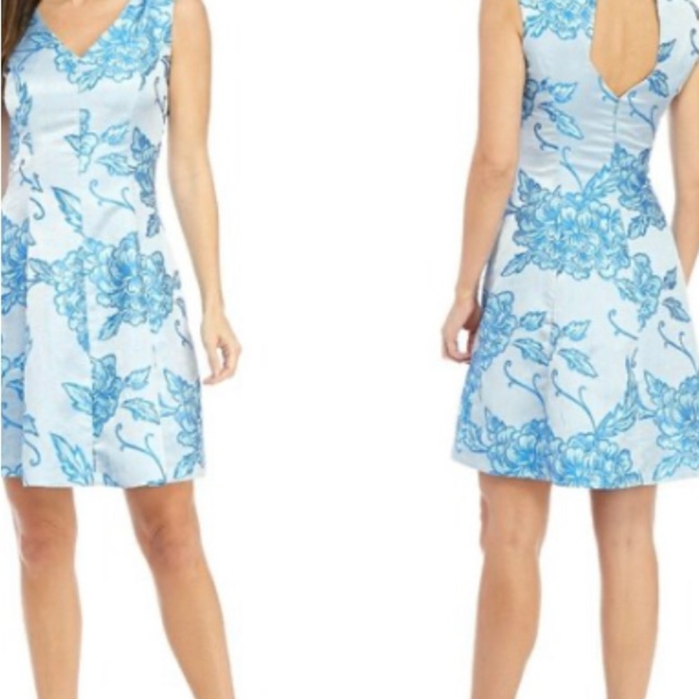 Wedding guest Nanette Lepore Womens Sleeveless V Neck Floral A Line Dress Blue